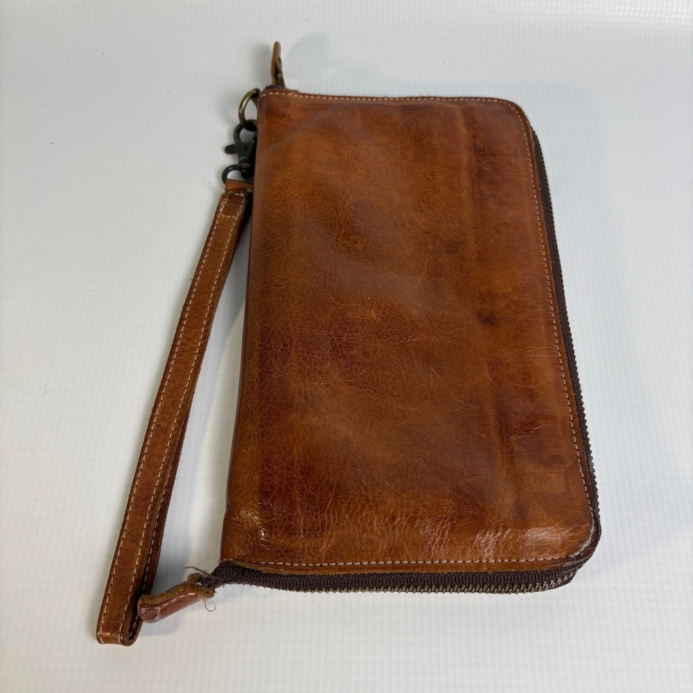 Cognac Brown Distressed Leather Large Zip Around Wristlet Wallet Clutch